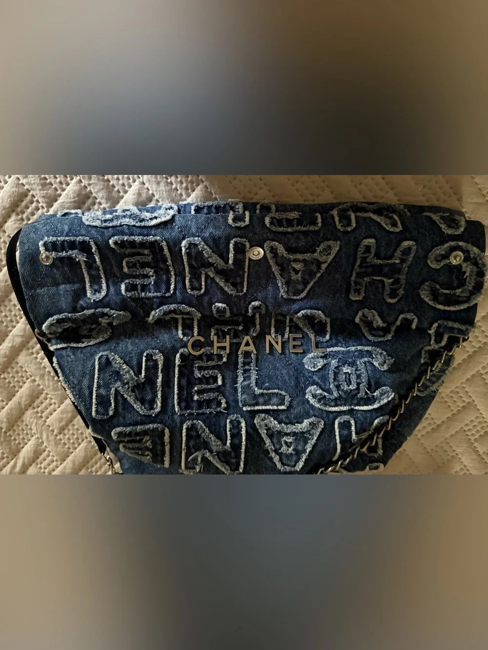 Denim Logo-Embroidered Navy Shoulder Hobo
